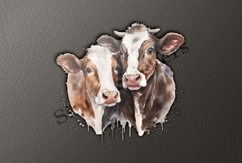 Cows,both brown,  cheek-to-cheek, watercolour