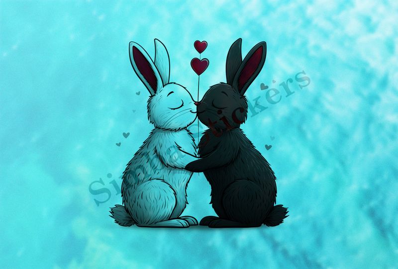 Bunnies in love, nose-to-nose, one black, one white, outline art