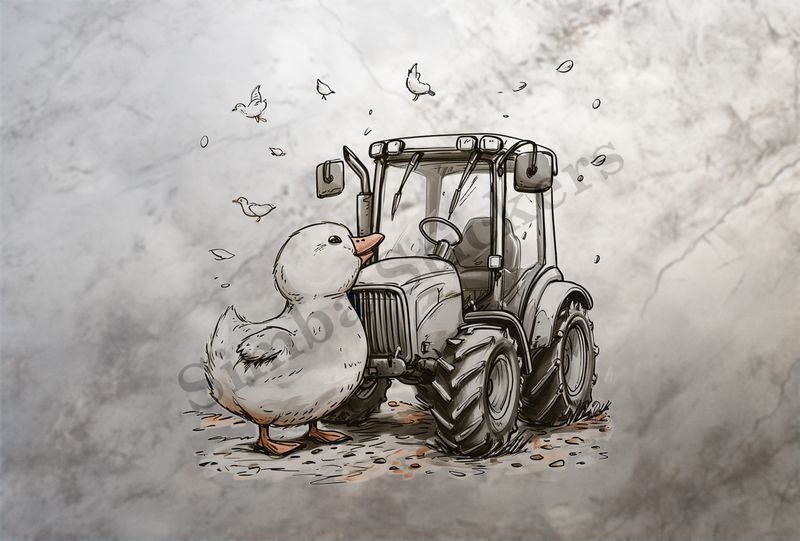 Duckling expressing love of farmer&#x27;s tractor, outline art