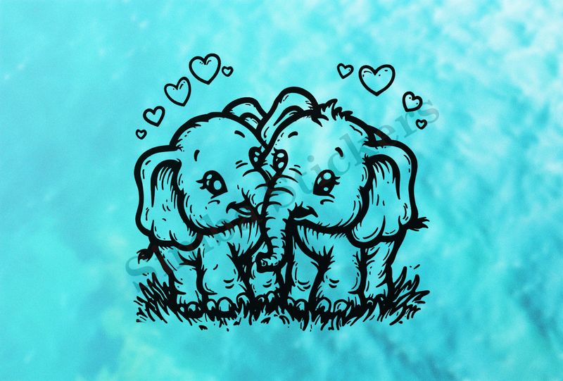 Baby elephants in love, romantic hearts around, outline art