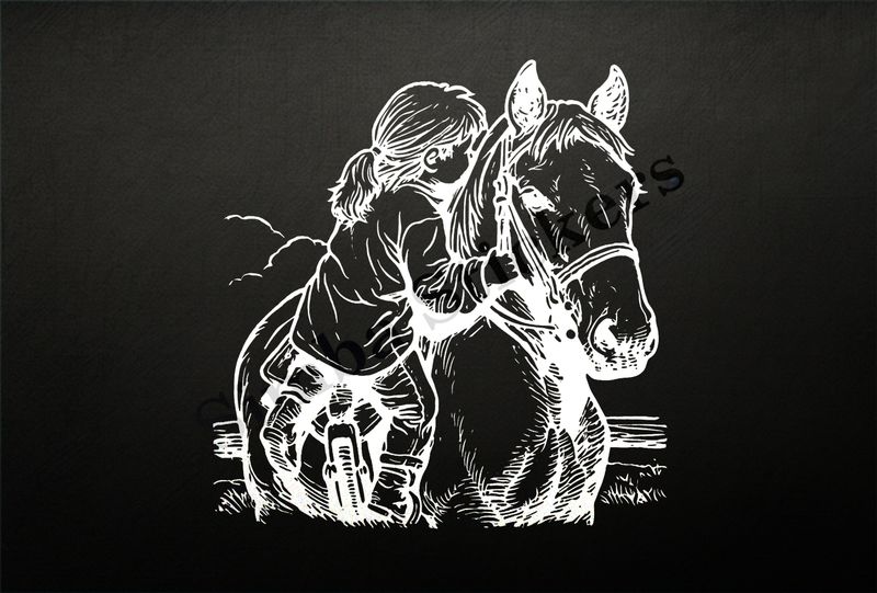 Horse climbed onto by young girl, outline art