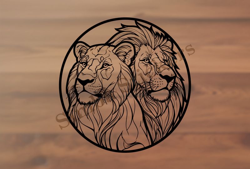 Lion with lioness, in a circle, outline art