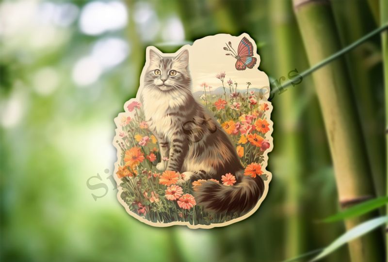 Vintage cat in flower field