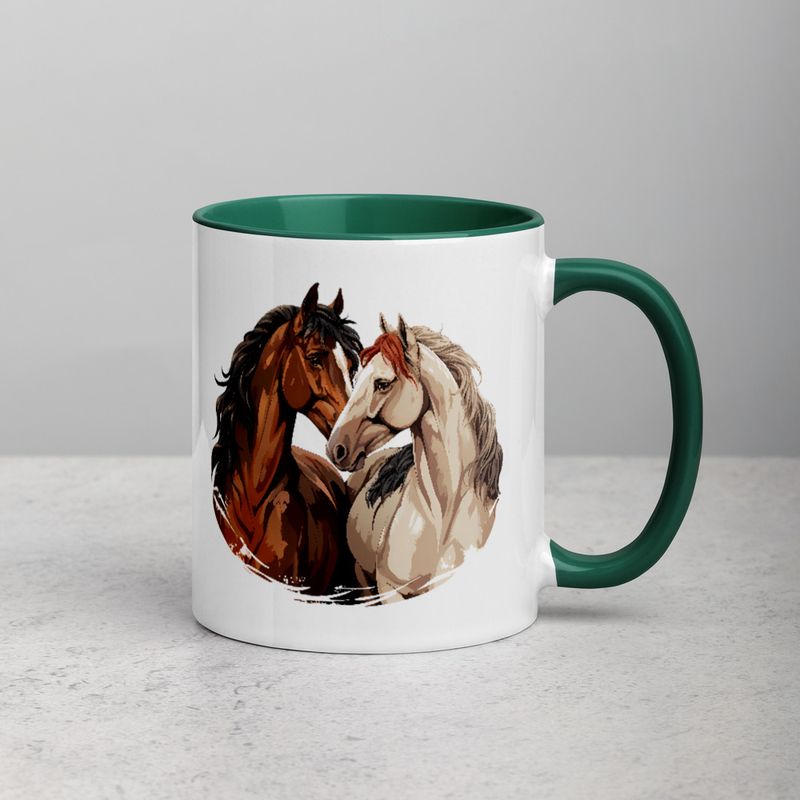 White Ceramic Mug with Color Inside, 11&amp;15oz, Horses nose-to-nose, jbgjpy