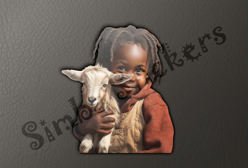 Goat kid in arms of small girl of African origin