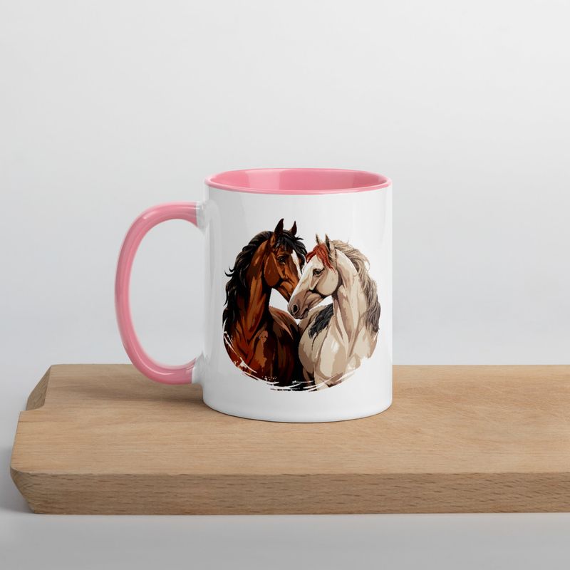 White Ceramic Mug with Color Inside, 11&amp;15oz, Horses nose-to-nose, jbgjpy