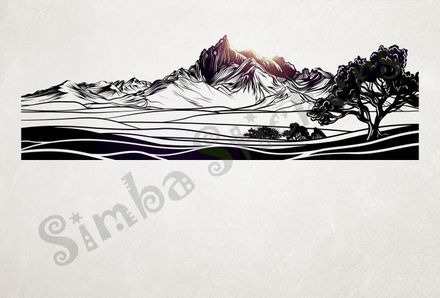 African Savanna landscape, sunny mountain range, outline art