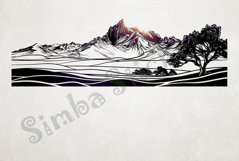 African Savanna landscape, sunny mountain range, outline art