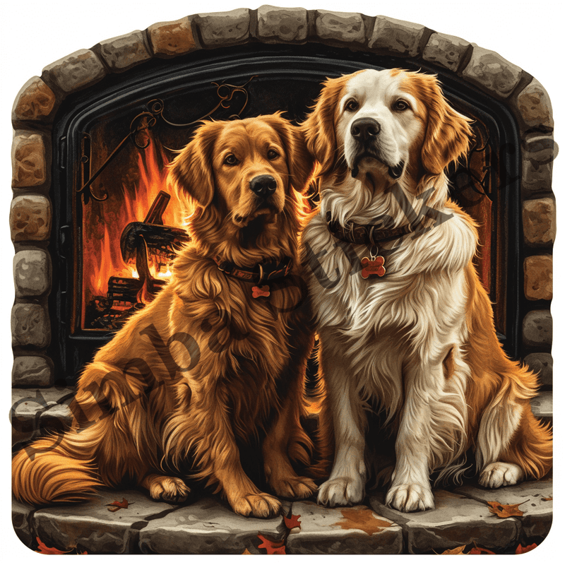 Dogs cuddling by fireplace, image set, 10 images