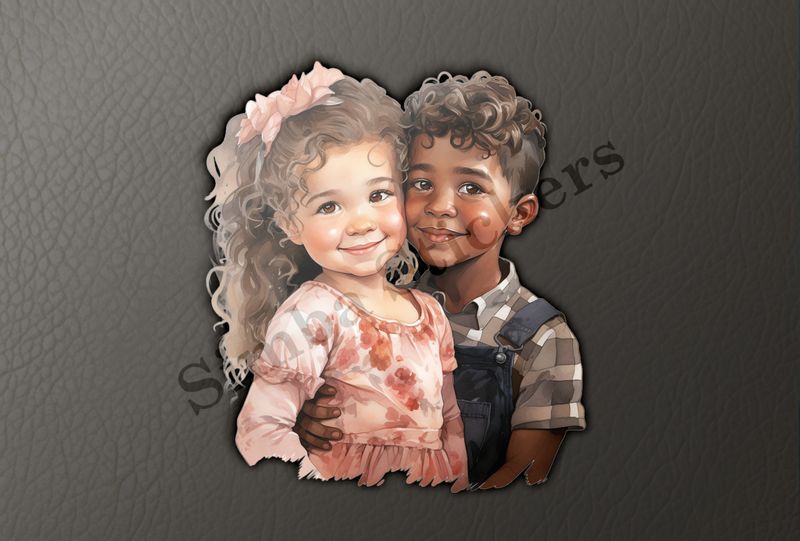 Girl and boy, cheek-to-cheek, hand on hips