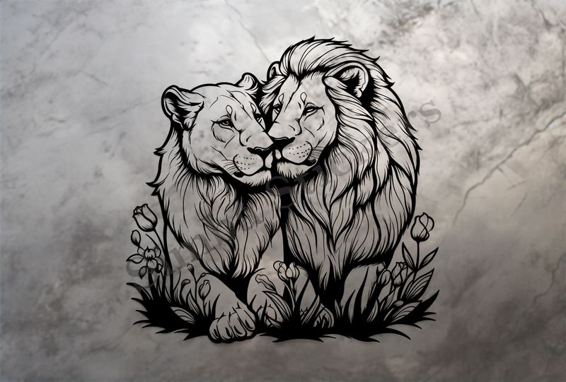 Male lion with lioness, outline art