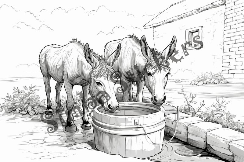 Colouring pages, bundle of donkeys with children, 25 images 2