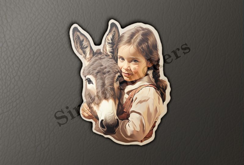 Donkey held by small girl of European origin iin cowgirlish clothes