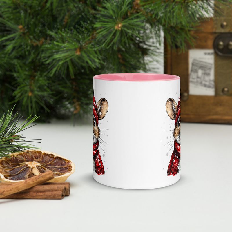 White Ceramic Mug with Color Inside, 11&amp;15oz, Mouse wearing red winter hat and scarf in snow, xg8dl3