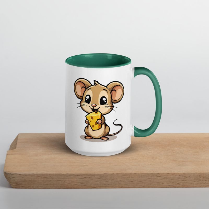 White Ceramic Mug with Color Inside,11&amp;15oz,Small Mouse happily licking large chunk of cheese,pqapy6