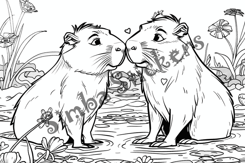 Colouring pages, bundle of capybaras in love, 25 images