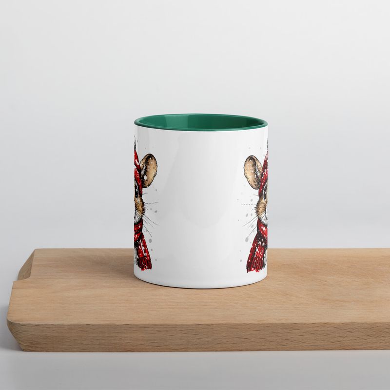 White Ceramic Mug with Color Inside, 11&amp;15oz, Mouse wearing red winter hat and scarf in snow, xg8dl3