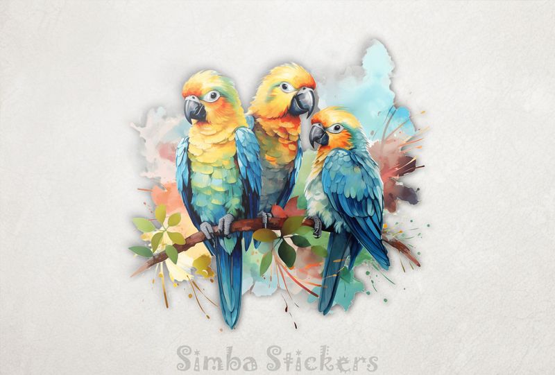 Parrots in love with youngling perching, watercolour, qadbu2