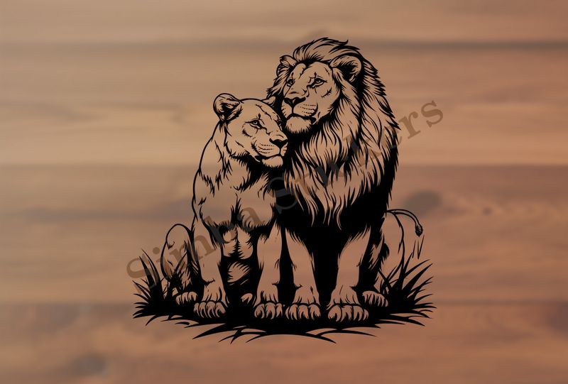 Majestic lion with lioness leaning into it ,  outline art