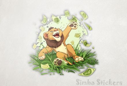 Simba Lion cub happily throwing up money in green grass