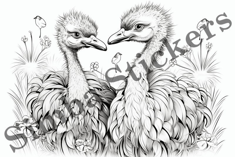 Colouring pages, Bundle of ostriches in love, 10 images