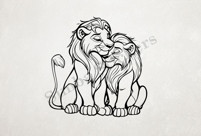 Lion and lioness, romantic, outline art