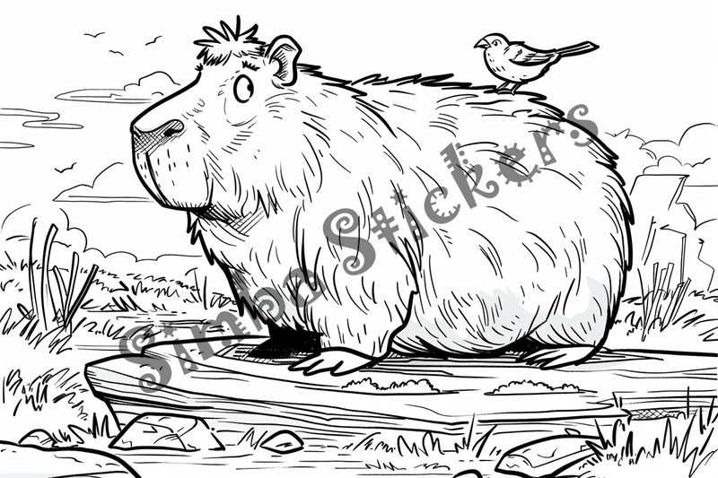 Colouring pages, bundle of capybaras with birds, 10 images