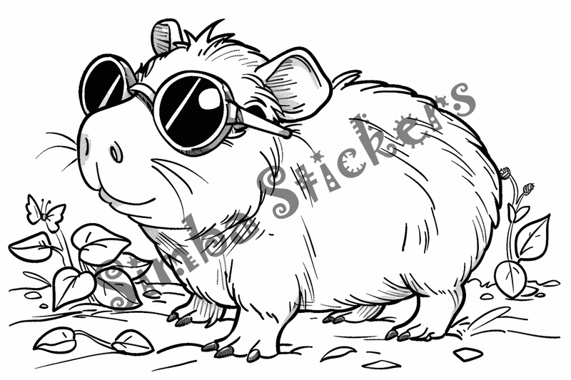 Colouring pages, bundle of capybaras in glasses or top hats, 10 images