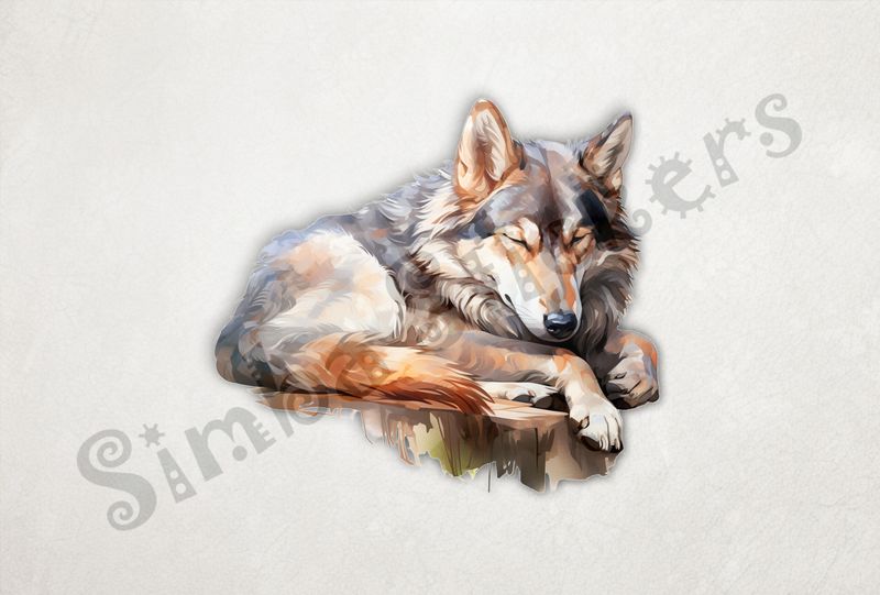 Wolf sleeping, watercolour
