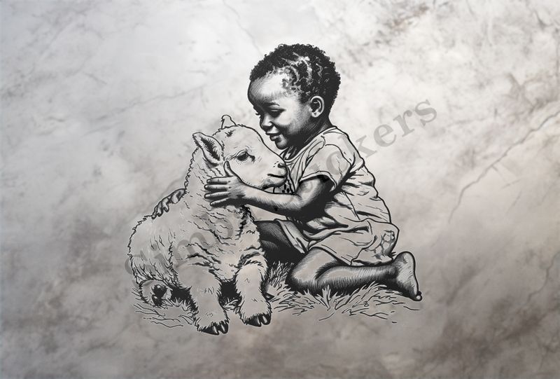 Lamb hugged by happy little boy of African origin, outline art