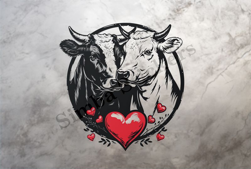 Bull and cow nose-to-nose , in circle, with hearts , outline art