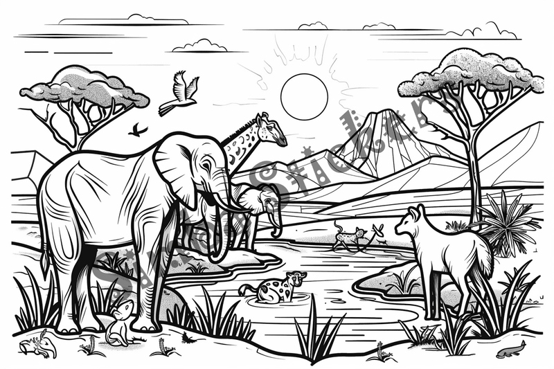 Colouring pages, bundle of African Savanna landscape, 25 images