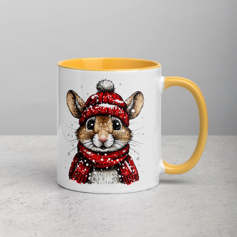 White Ceramic Mug with Color Inside, 11&amp;15oz, Mouse wearing red winter hat and scarf in snow, xg8dl3