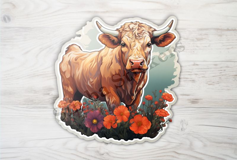 Bull in a field of flowers, watercolour