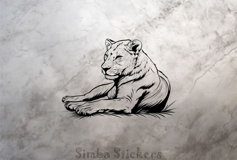 Lioness resting atentively in the Savanna, outline art, 90uvno