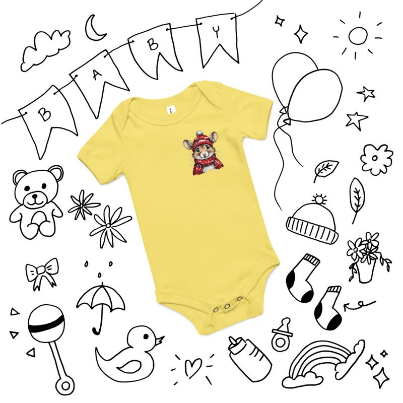 Baby Short Sleeve One Piece, 3-24 Months, Mouse wearing red winter hat and scarf, xg8dl3, left chest