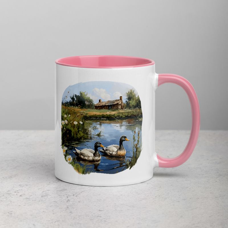 White Ceramic Mug with Color Inside, 11 &amp;15oz, Ducks in love swimming in farmhouse pond 