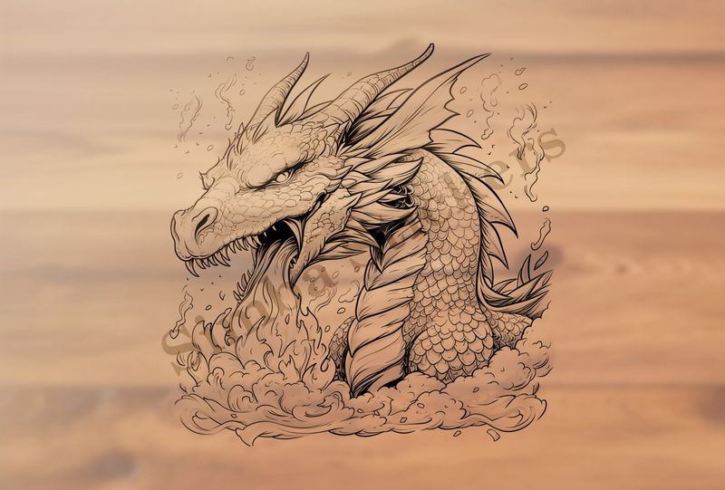 Dragon breathing fire, engulfed in smoke, outline art