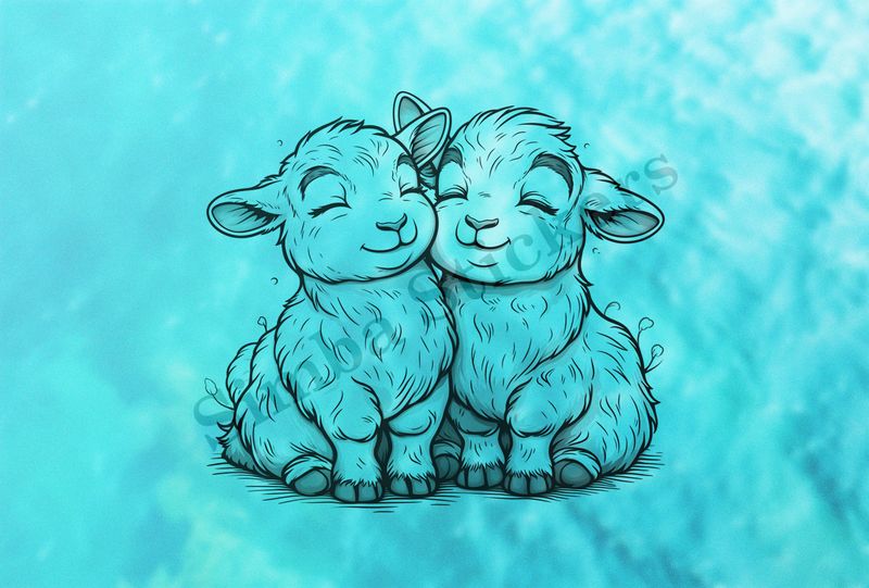 Goat kids cuddling cheek-to-cheek, outline art