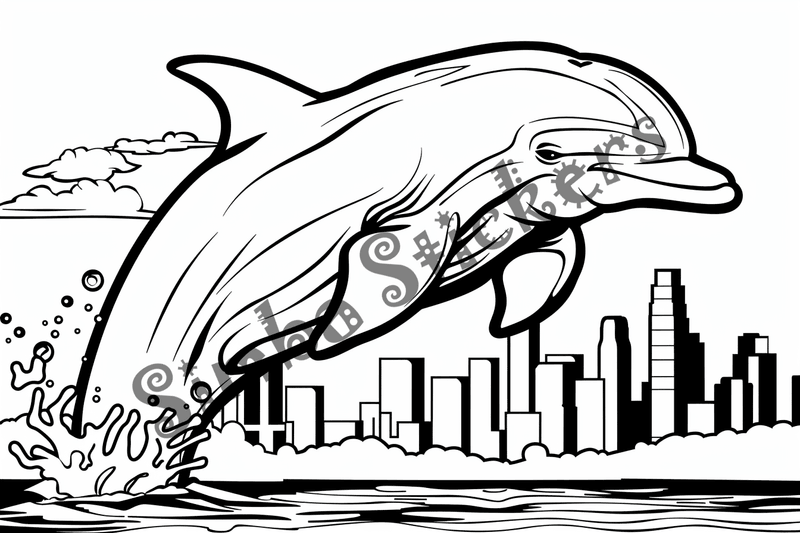 Colouring pages, bundle of dolphins above water, 10 images