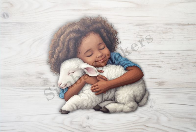 Sheep  hugged by happy girl with frizzy hair