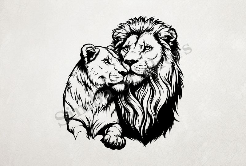 Affectionate lioness leaning into lion, cuddling, outline art