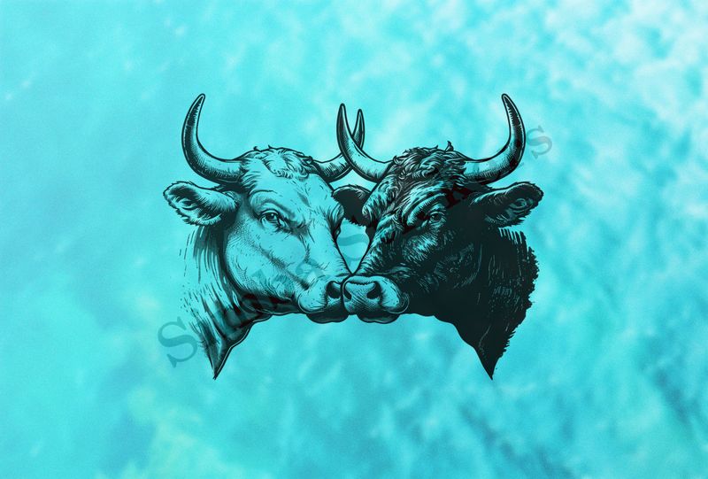 Cattle, bull and cow cheek-to-cheek, one black, other white, outline art