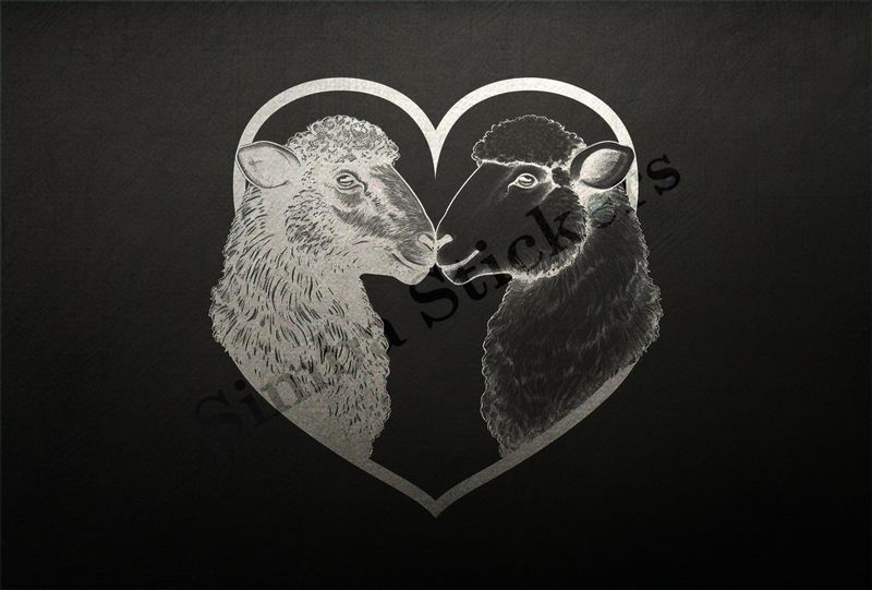 Sheep in love, one white, one black, outline art