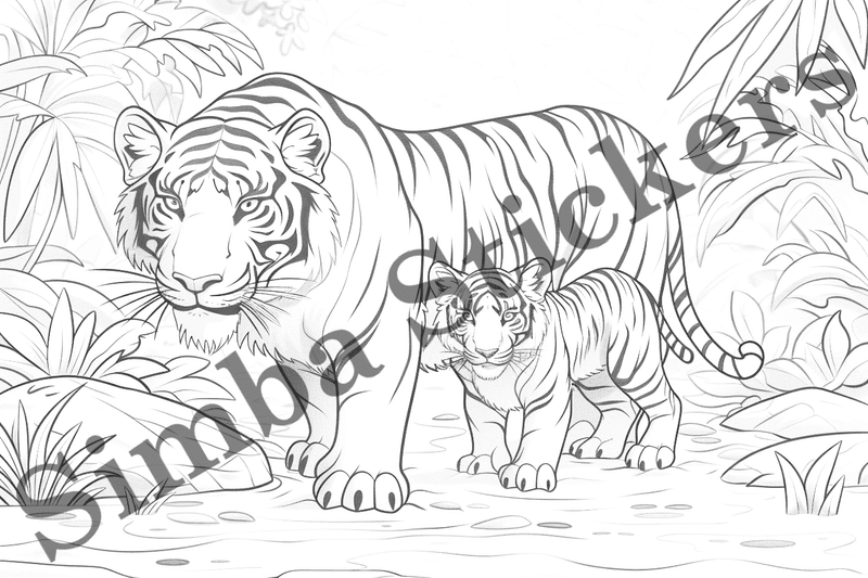 Colouring pages, bundle of tigers, family-oriented, 10 images