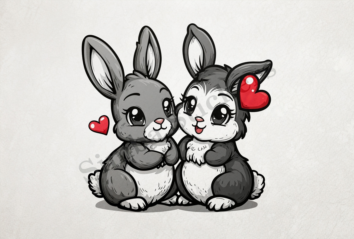 Cute bunnies in love, cheek-to-cheek, hearts in air, outline art