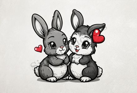 Cute bunnies in love, cheek-to-cheek, hearts in air, outline art
