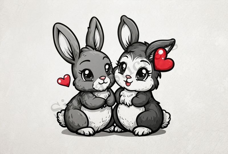 Cute bunnies in love, cheek-to-cheek, hearts in air, outline art