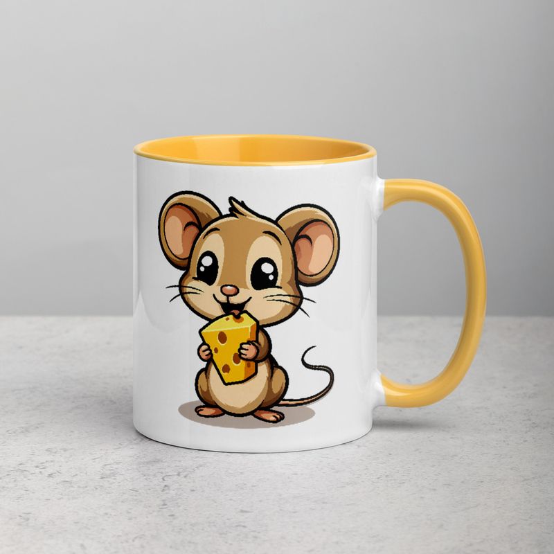 White Ceramic Mug with Color Inside,11&amp;15oz,Small Mouse happily licking large chunk of cheese,pqapy6