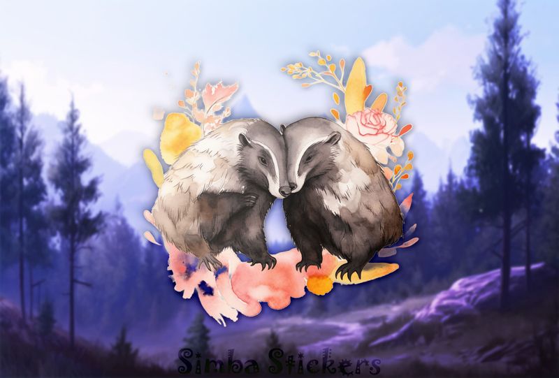 Honey Badgers in love head-to-head, watercolour, gl7iug